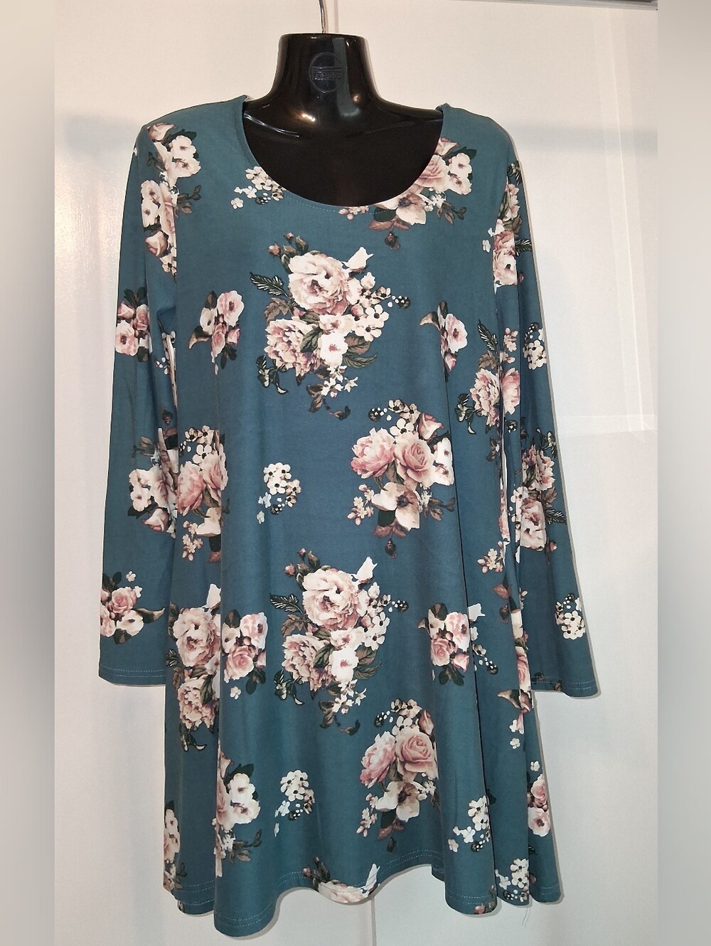 Floral Teal Swing Dress with Long Sleeves L-XL